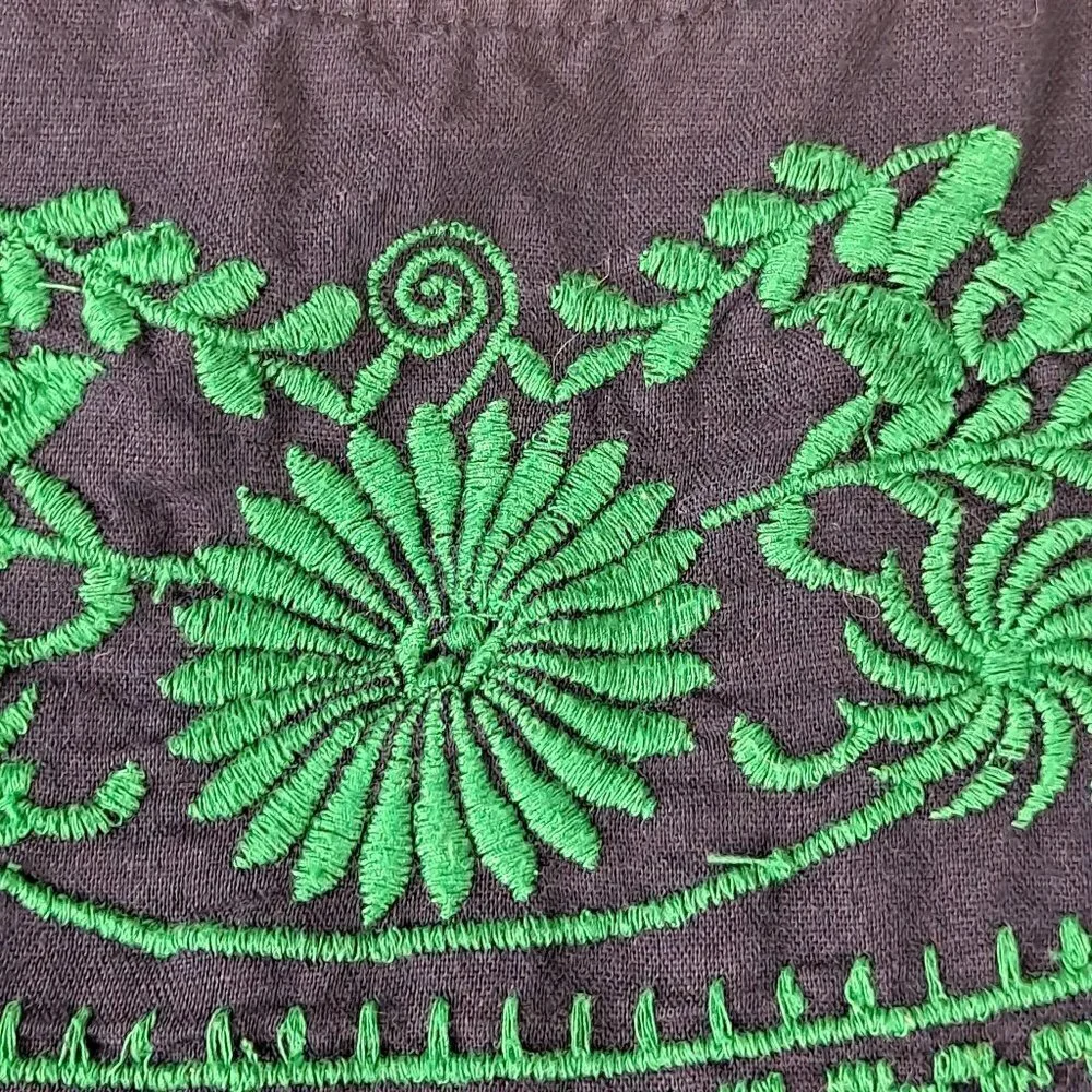 J Crew Size Medium Navy Blue Shift Dress Green Embroidery Linen/Cotton Slvls EUC